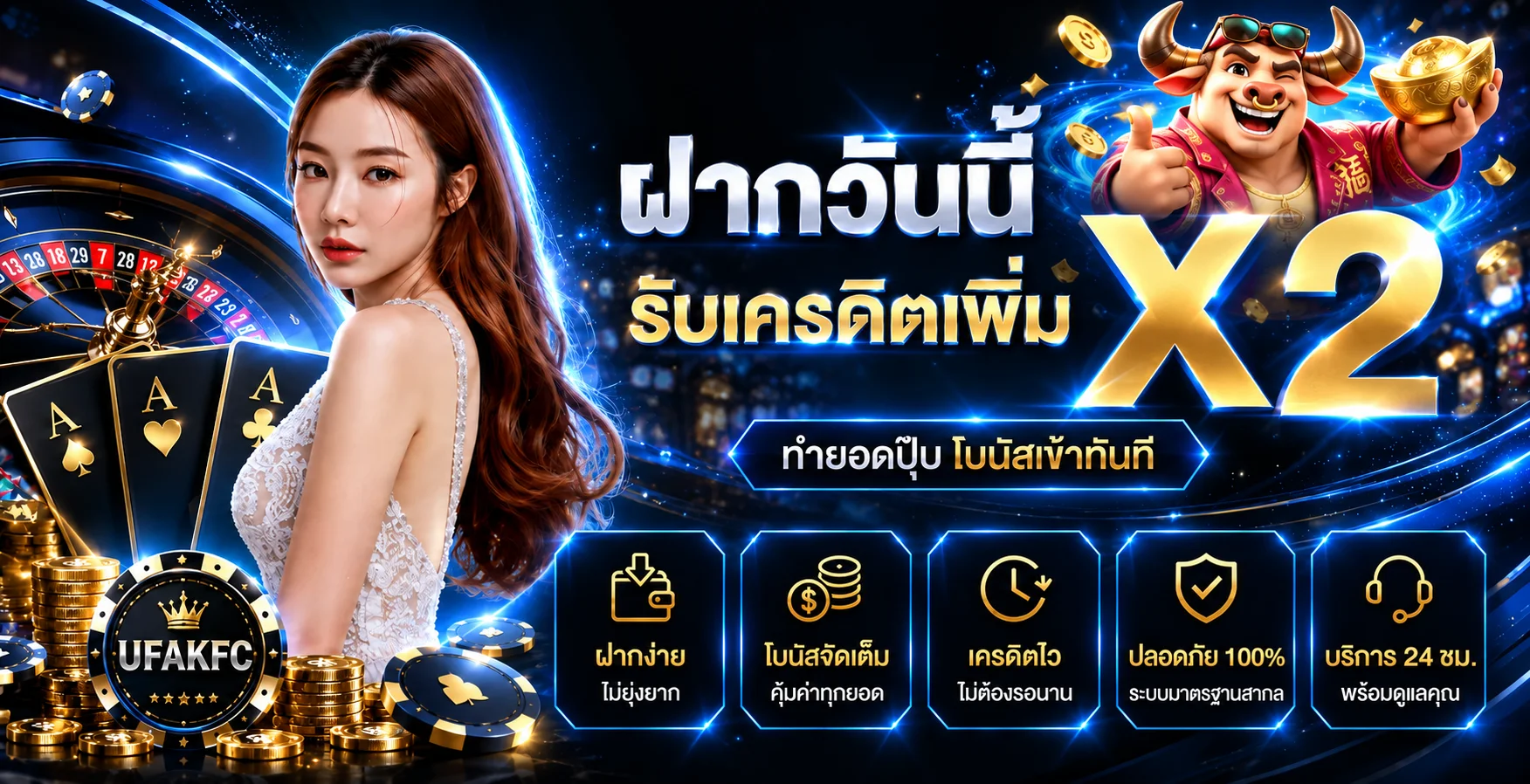 แบนเนอร์ UFAKFC ฝากรับเครดิตเพิ่มในธีมคาสิโนสีน้ำเงิน